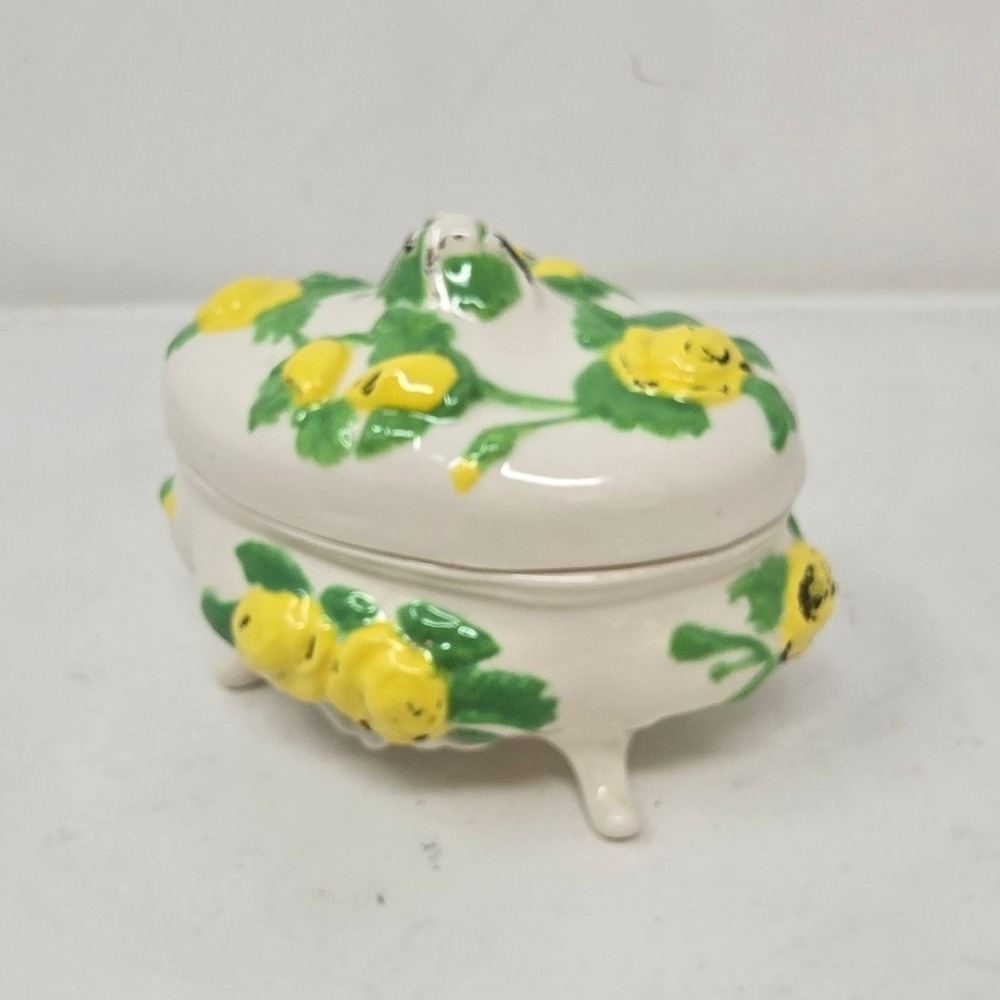 Vtg ceramic footed trinket dish w/lid yellow green roses floral cottagecore